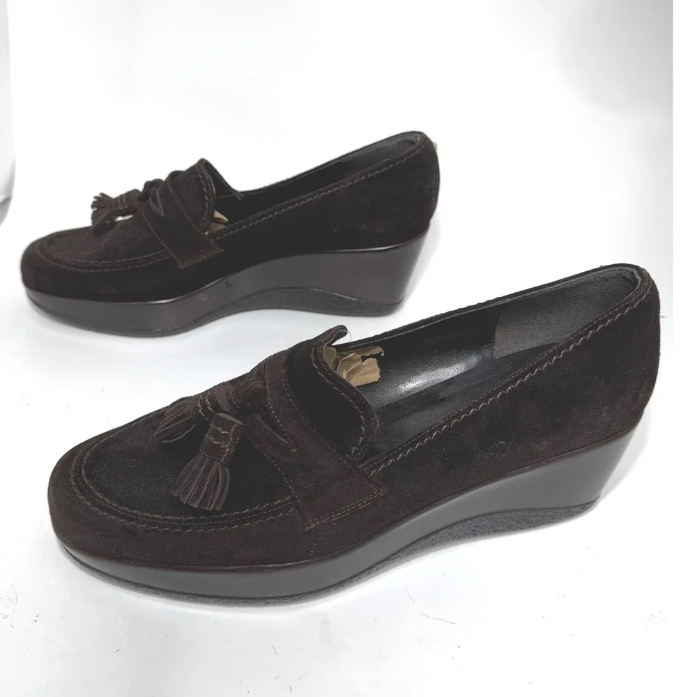 Stuart Weitzman Womens‎ Brown Suede Tassel Wedge Loafers Shoes Size 8 Spain
